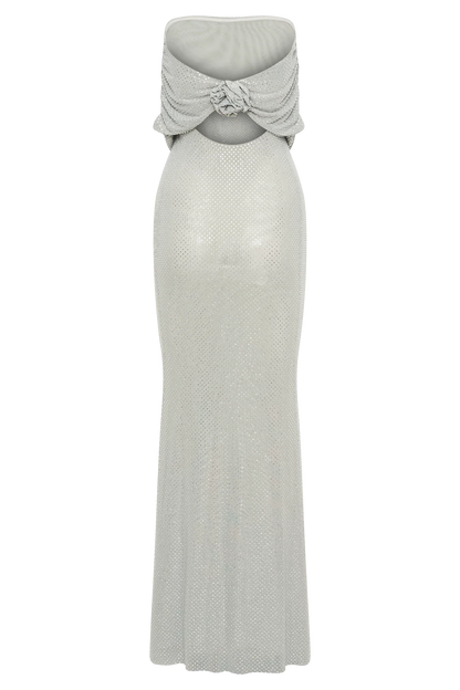 Arna Off Shoulder Diamante Maxi Dress Silver