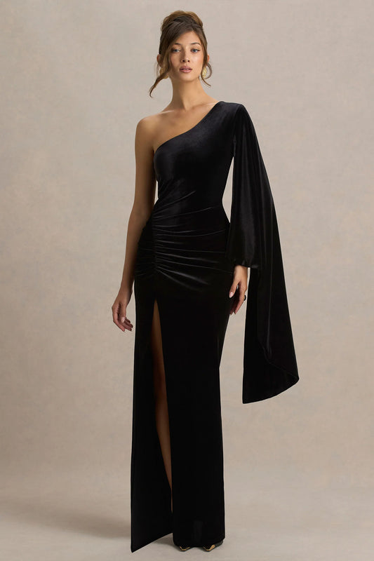 Camilla Black Velvet Asymmetric Neck Maxi Dress With Ruched Detailing
