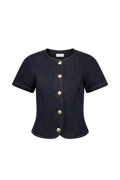Bethany Short Sleeve Buttoned Denim Top Washed Indigo Blue