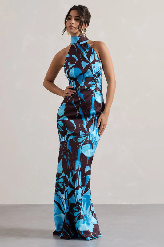 Adoria Floral Print Satin High Neck Maxi Dress