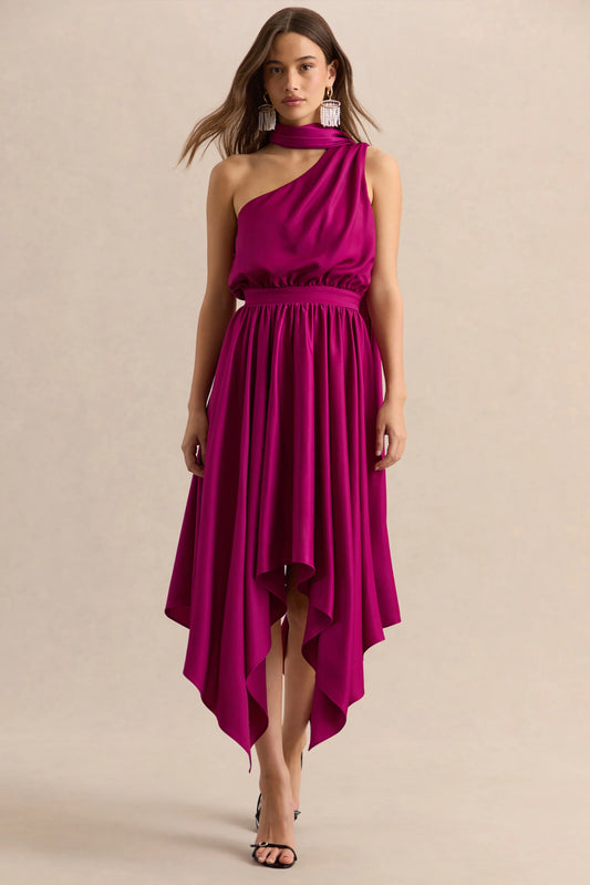 Caluna Hot Pink Satin Asymmetric Neck Midi Dress With Scarf Detail