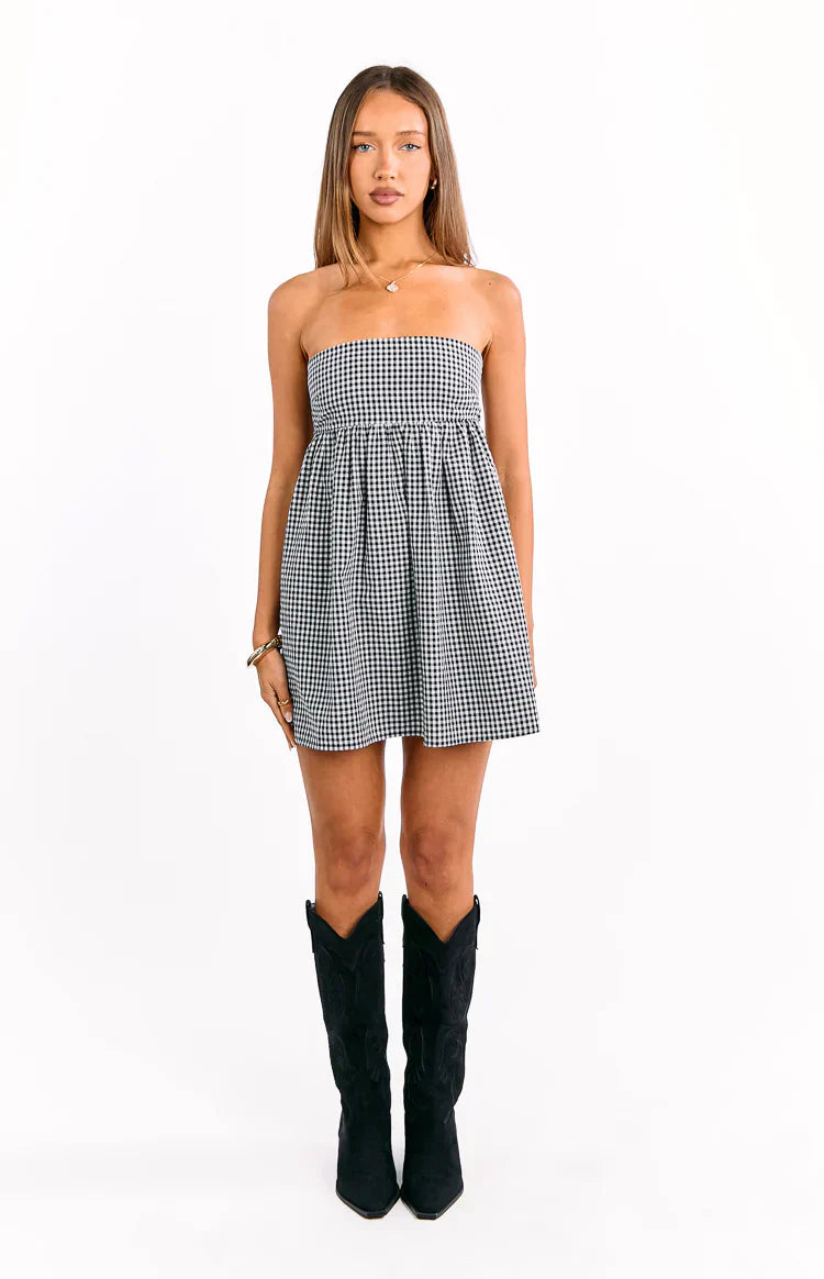 Berrie Black Gingham Strapless Mini Dress