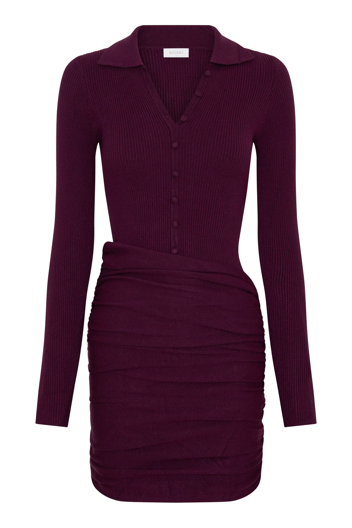 Agness Long Sleeve Button Up Knit Dress Plum