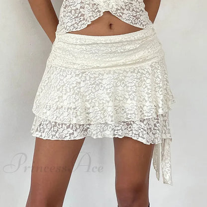 2 Piece Lace Sheer Outfits Flower Layered Crop Camis Tops + High Waist Irregular Hem Mini Skirt Party Club Night Matching Set