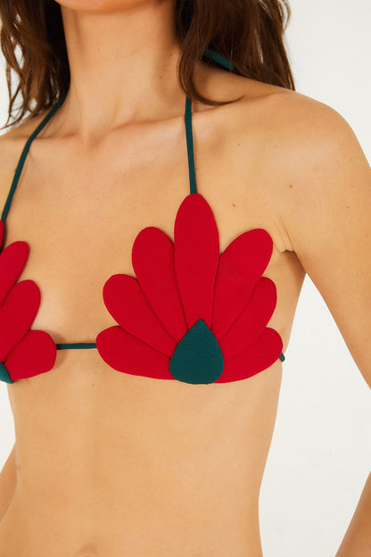 Red 3d Flower Bikini Top