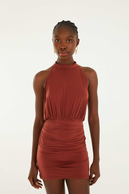 Brown High Neck Draped Open Back Mini Dress