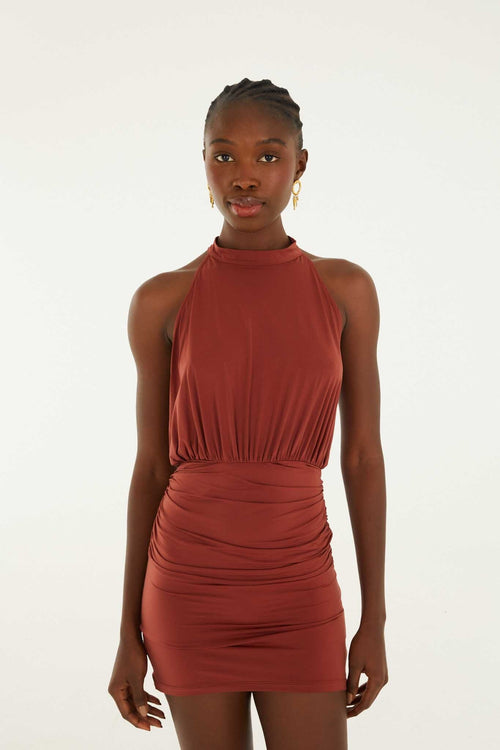 Brown High Neck Draped Open Back Mini Dress