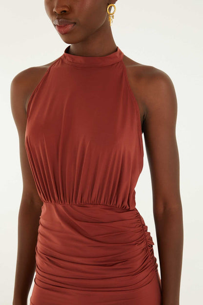 Brown High Neck Draped Open Back Mini Dress
