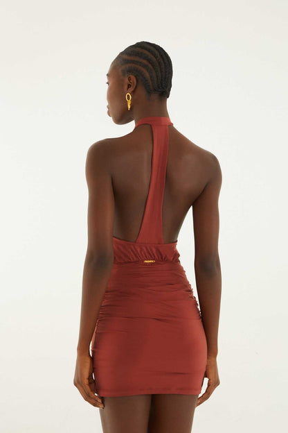 Brown High Neck Draped Open Back Mini Dress