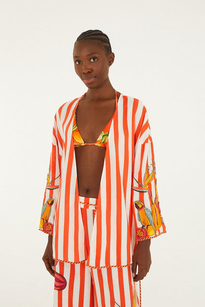 Red Fruit Stripes Rope Details Kimono