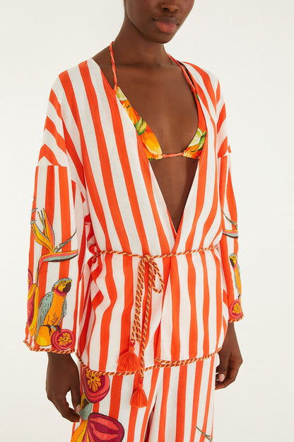 Red Fruit Stripes Rope Details Kimono