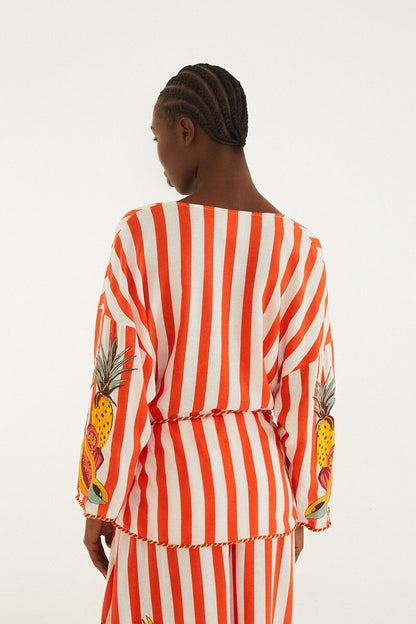 Red Fruit Stripes Rope Details Kimono
