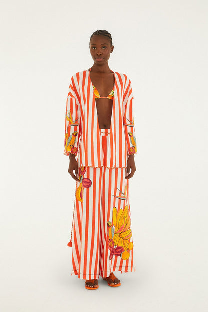 Red Fruit Stripes Rope Details Kimono