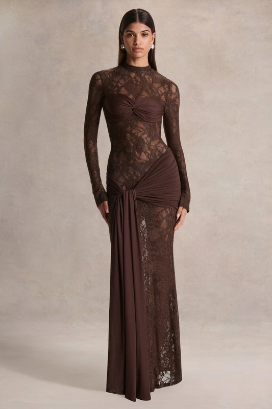 Akira Brown Lace Maxi Dress With Sash Detail