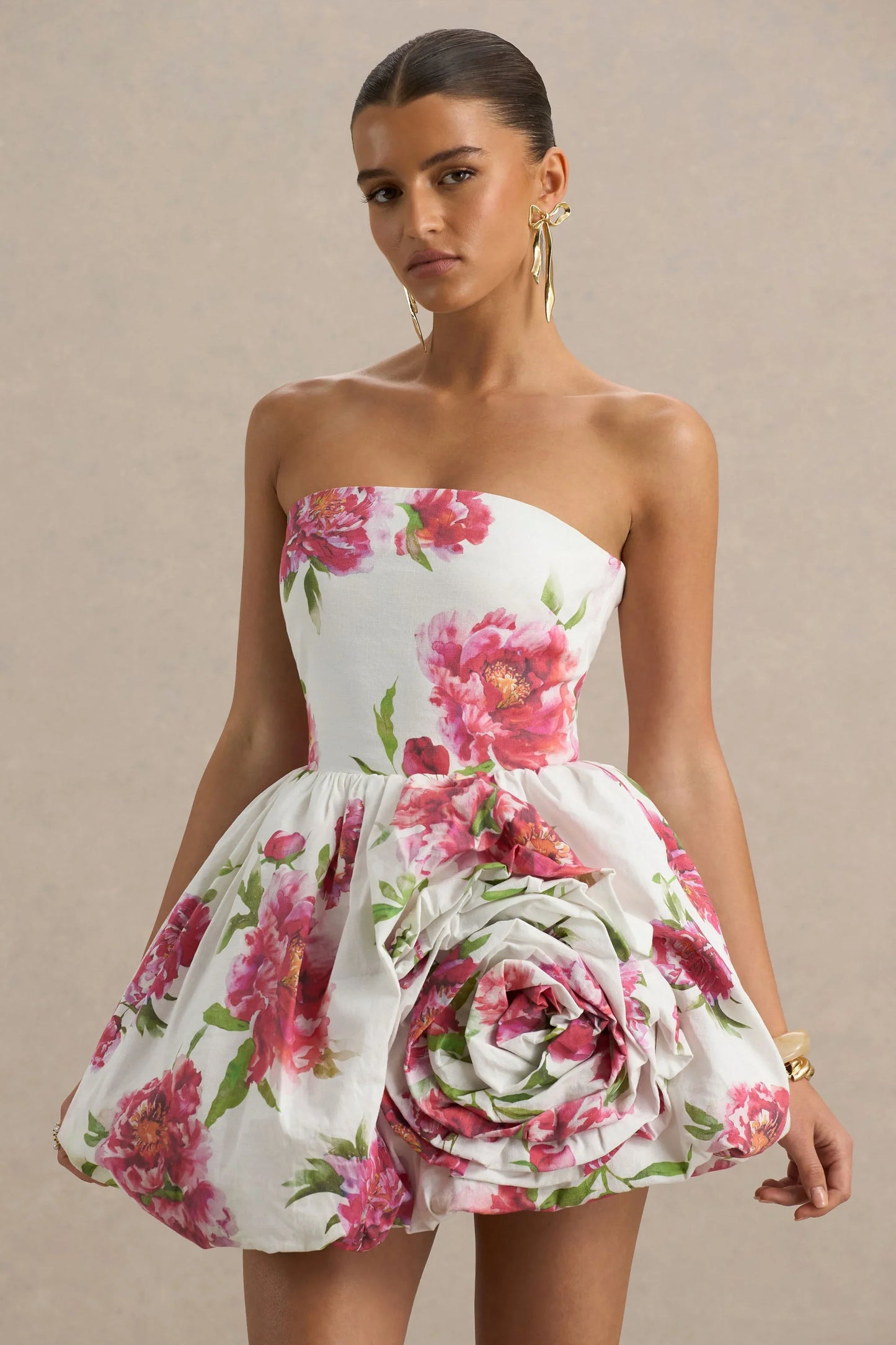 Adira Cream Floral Print Bandeau Puffball Mini Dress With Ruffle Detail