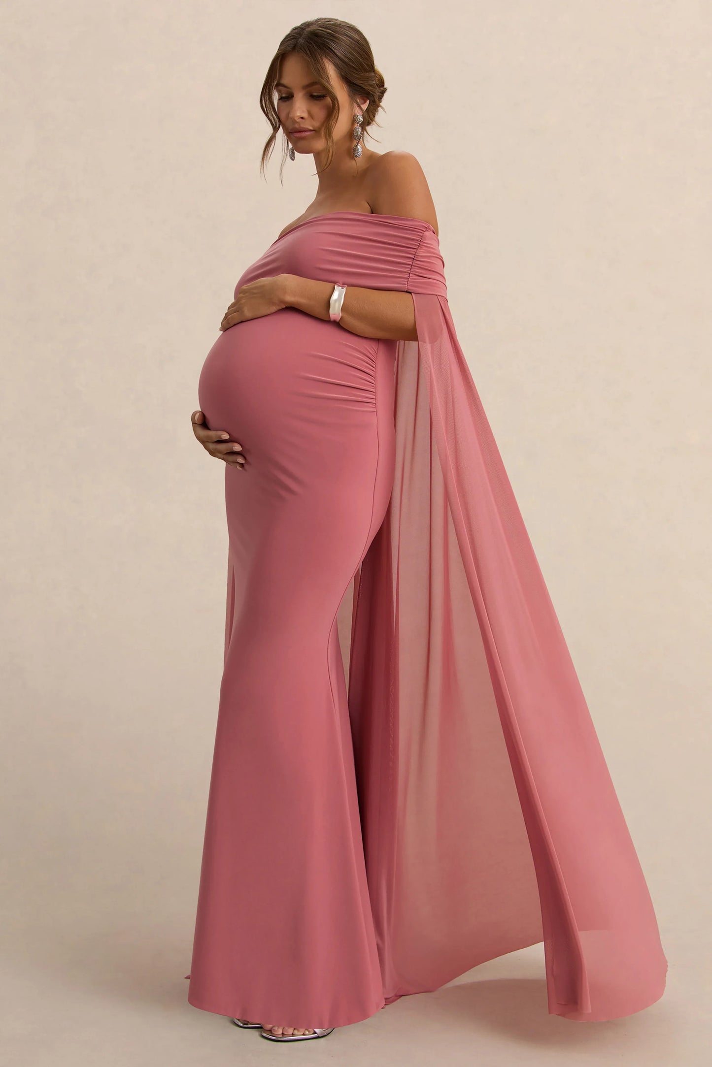 Carlotta Blush Pink Bardot Maternity Maxi Dress With Chiffon Cape