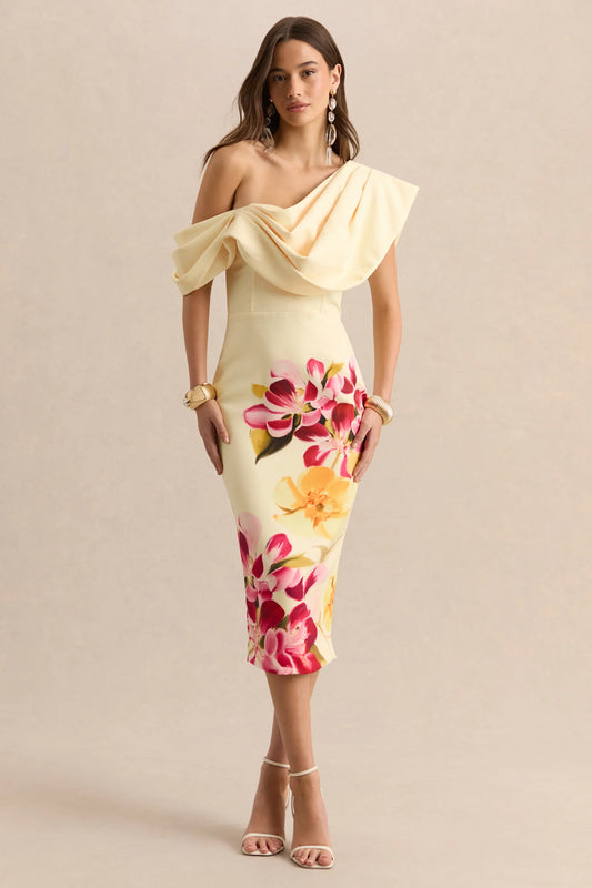 Adrina Hot Pink Lemon Floral Print Draped One Shoulder Midi Dress