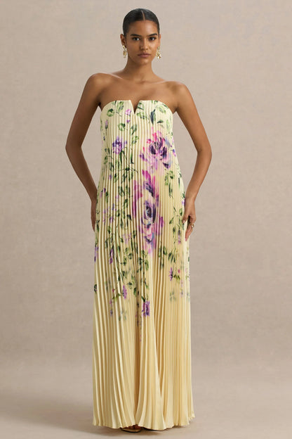 Bergamot Lemon Rose Print Satin Sweetheart Maxi Dress