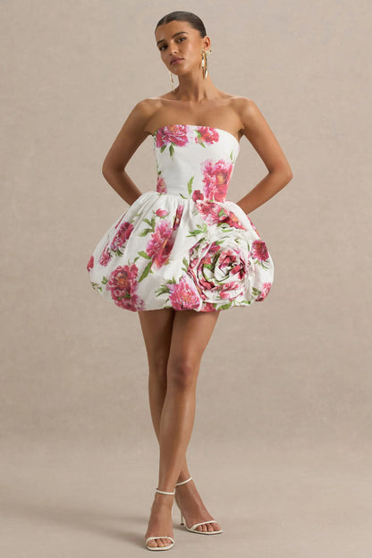 Adira Cream Floral Print Bandeau Puffball Mini Dress With Ruffle Detail