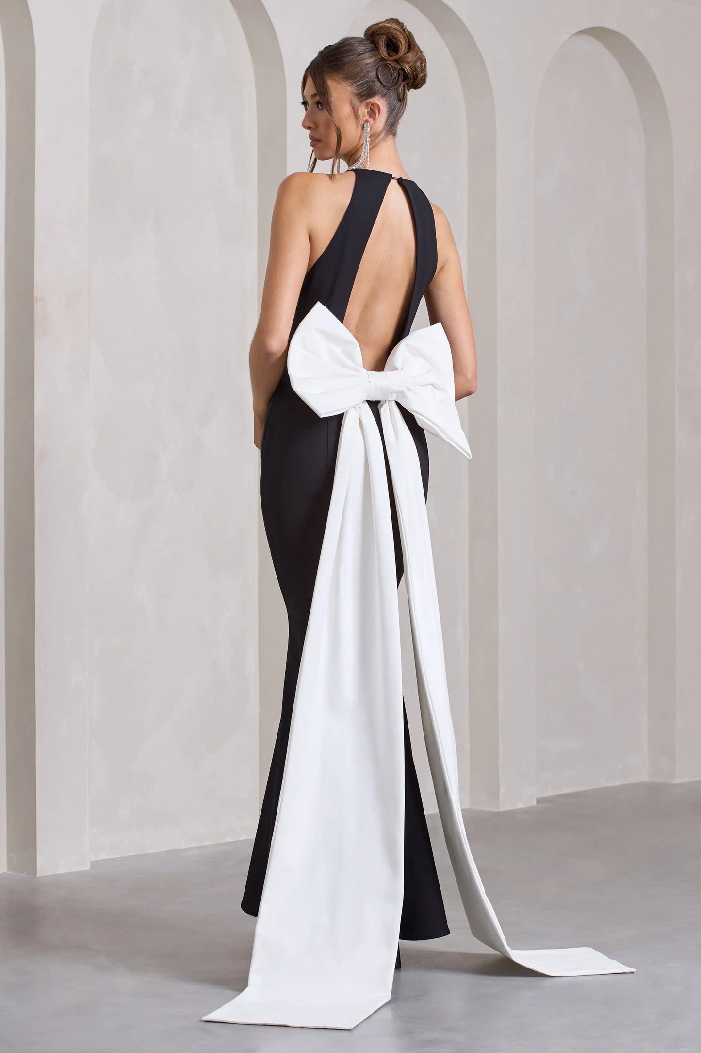 Bestow Black Open Back Maxi Dress With Oversized White Bow