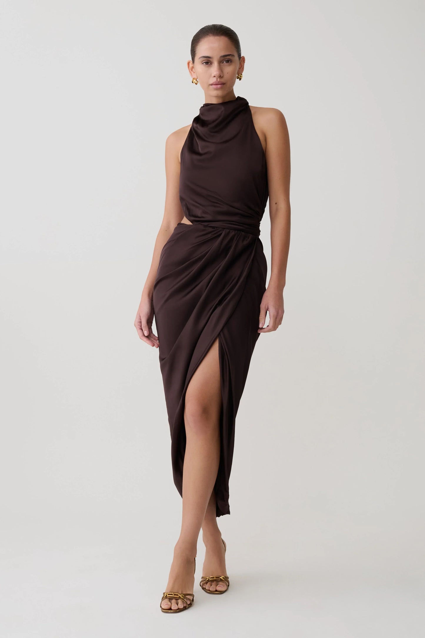 Aveline Draped Halter Midi Dress Dark Chocolate