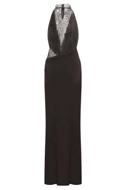 Arra Chiffon And Lace Halter Maxi Dress Cacao Brown