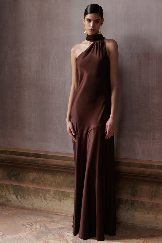 Cara Brown Matte Satin High Neck Maxi Dress