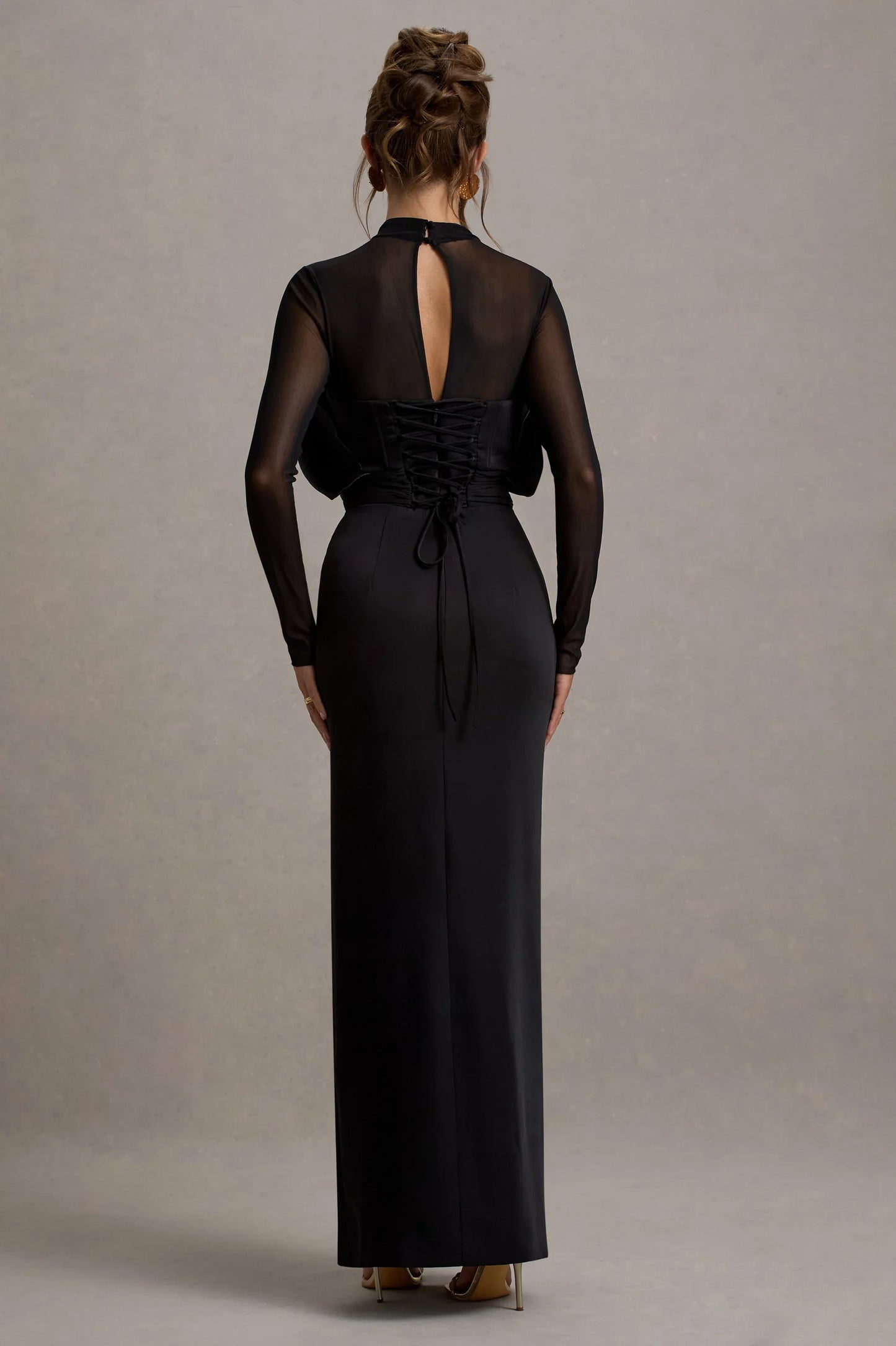 Alder Black Mesh Long Sleeve Ruffled Split Maxi Dress