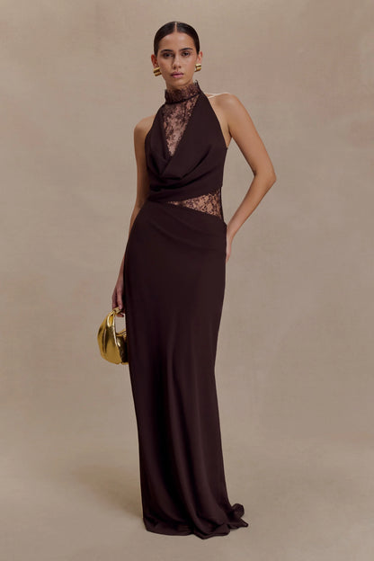Arra Chiffon And Lace Halter Maxi Dress Cacao Brown