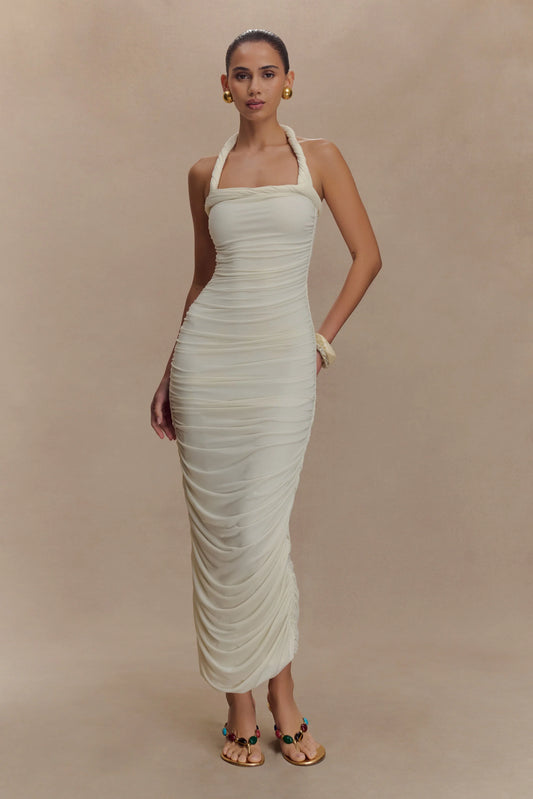 Camila Ruched Halter Midi Dress Ivory