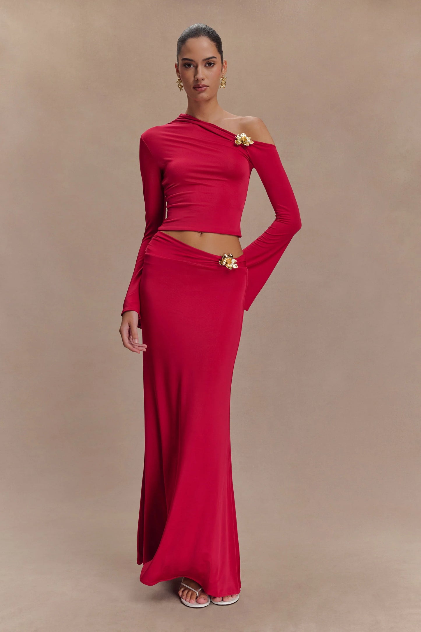 Ainsley Asymmetrical Maxi Skirt With Floral Hardware Fuchsia Pink