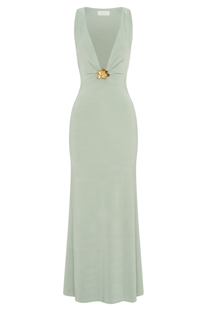Beck Plunge Maxi Dress With Floral Hardware Basil