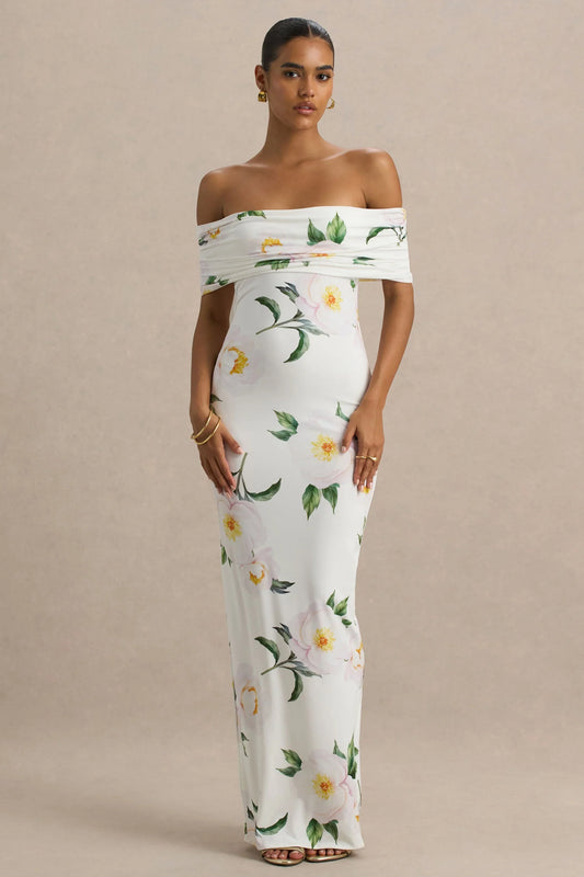 Capri White Rose Print Bardot Neck Maxi Dress With Ruched Detailing