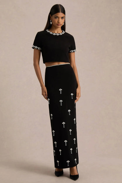 Aven Black Hand Embellished Maxi Skirt