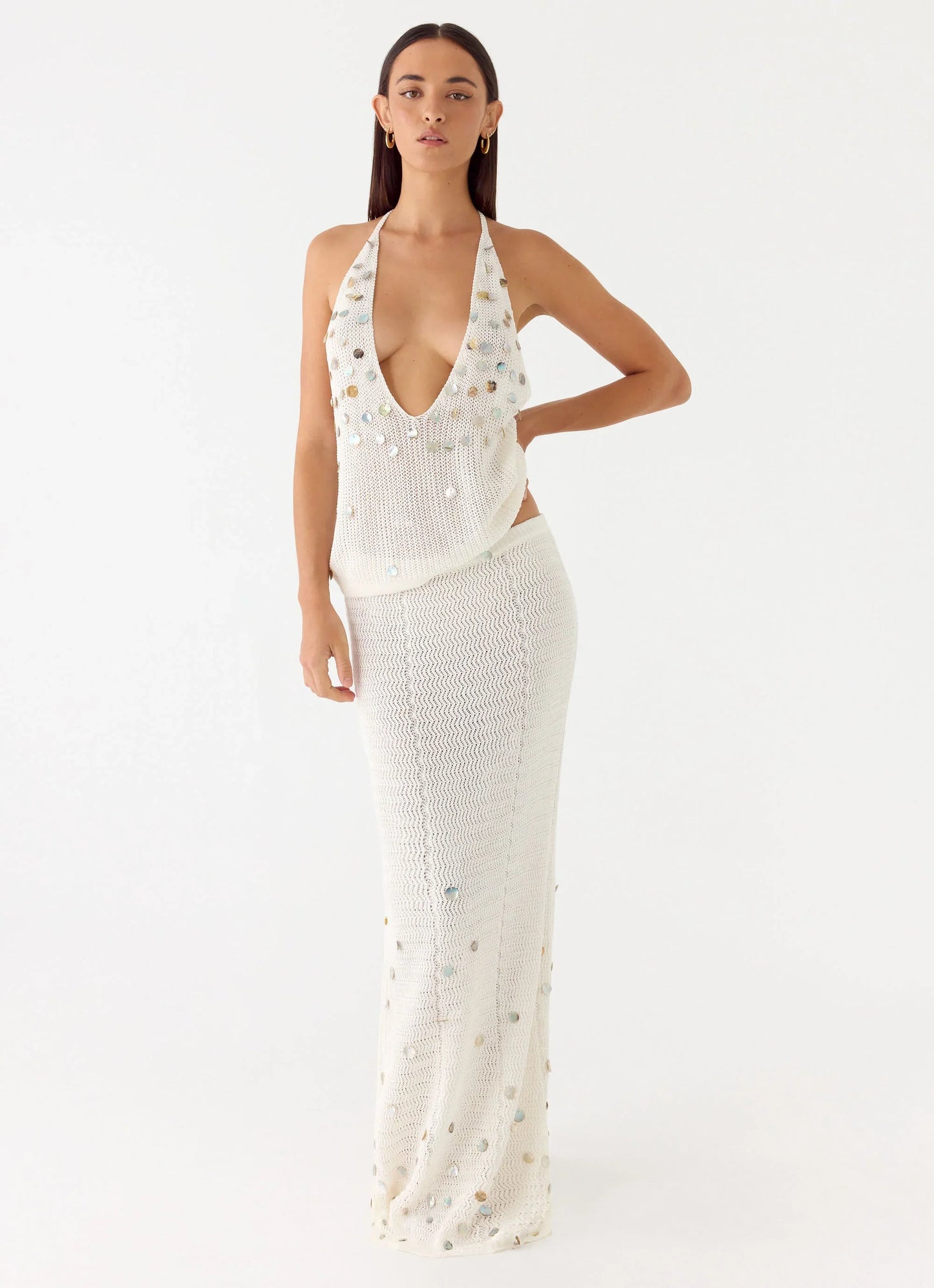 Adelaida Beaded Crochet Maxi Skirt Ivory