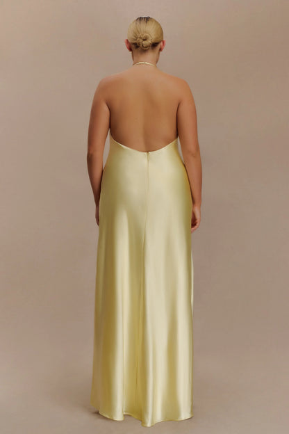 Bella Satin Halter Maxi Dress Lemon