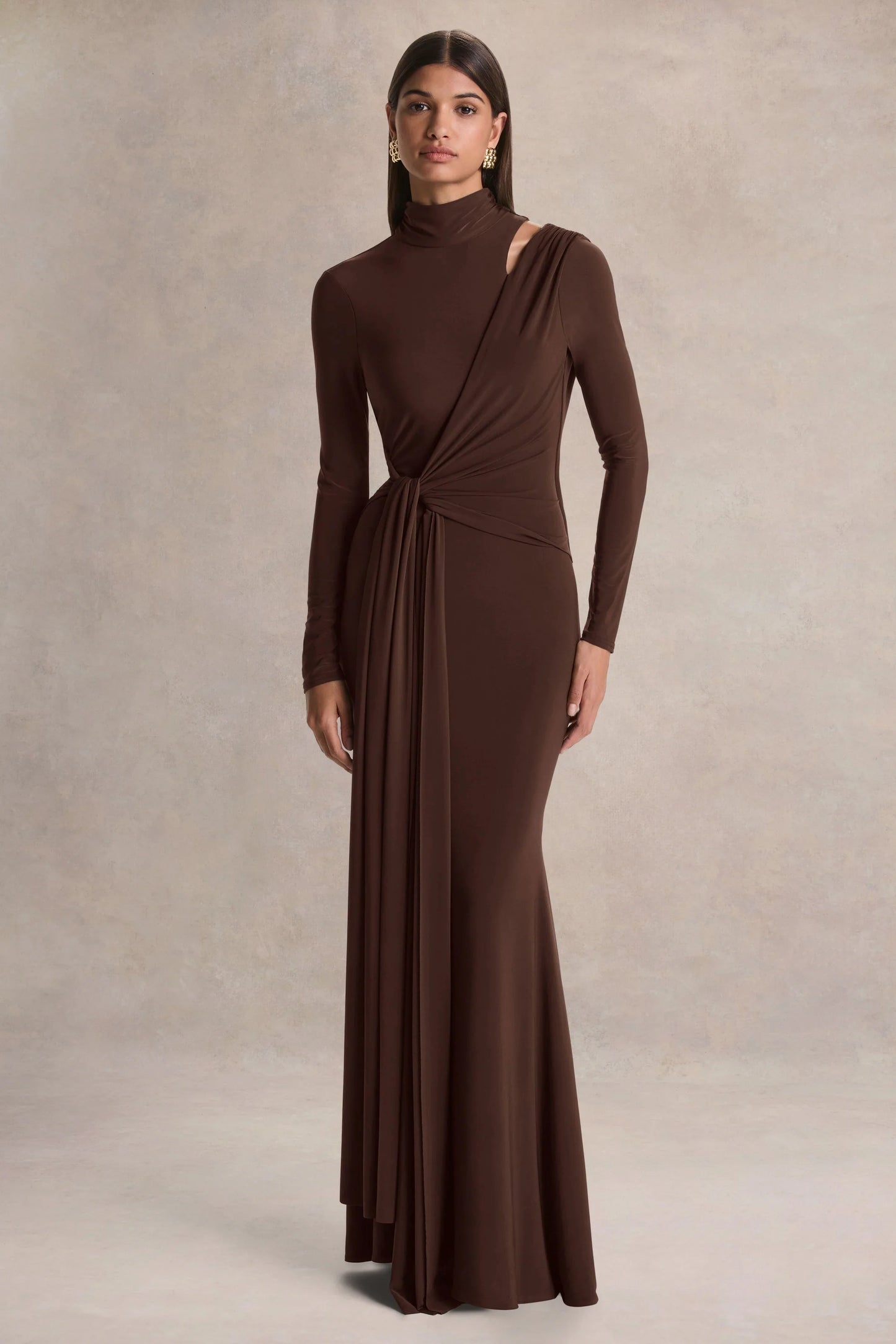Alastrina Brown High Neck Maxi Dress With Gathered Detailing