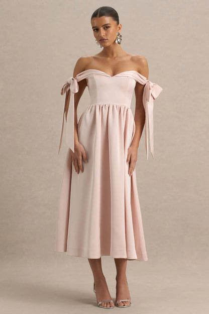 Agafay Rose Pink Satin Short Sleeve Bardot Wrap Midi Dress With Bow Detail