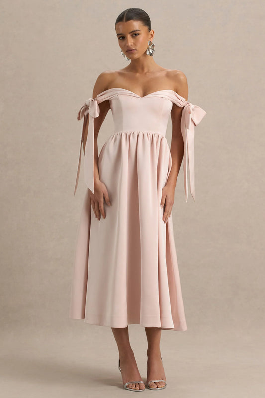 Agafay Rose Pink Satin Short Sleeve Bardot Wrap Midi Dress With Bow Detail