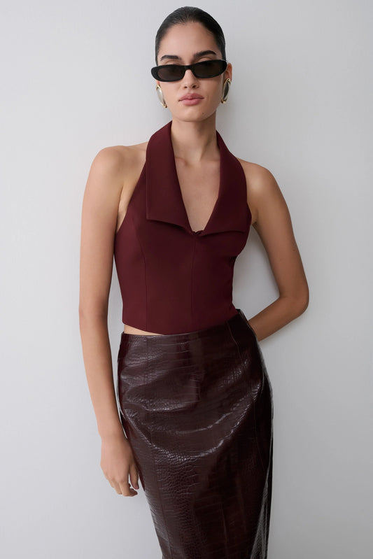 Calla Collared Sleeveless Halter Top Merlot