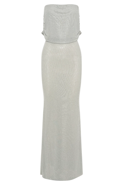 Arna Off Shoulder Diamante Maxi Dress Silver
