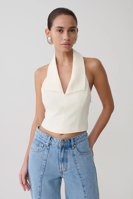 Calla Collared Sleeveless Halter Top Ivory