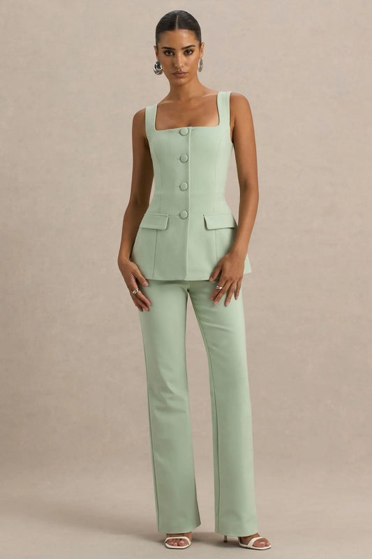 Aceline Light Green Square Neck Tailored Jumpsuit