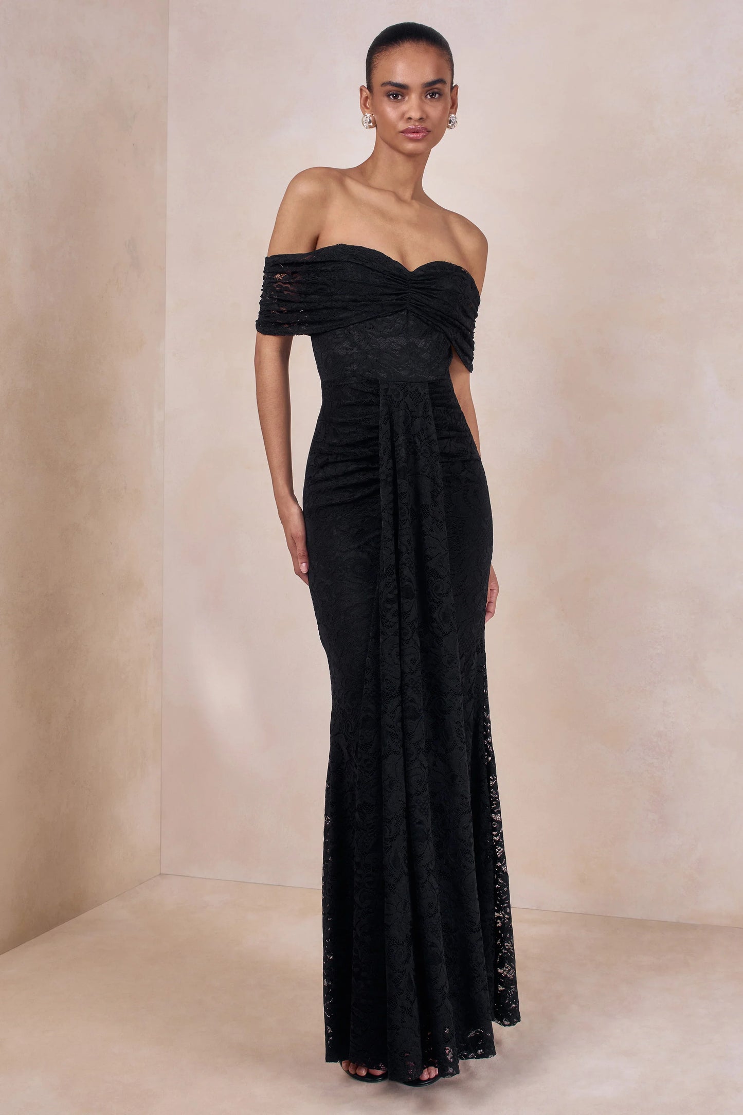 Aries Black Lace Bardot Neck Maxi Dress With Gathered Detailing