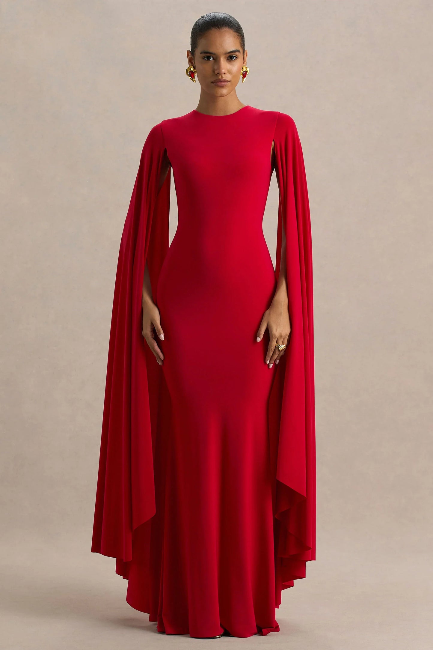 Briony Red Crew Neck Maxi Dress With Cape Sleeves