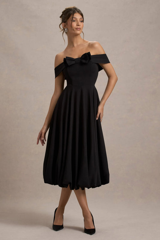 Calliopia Black Bow Bardot Midi Dress With Puff Ball Skirt