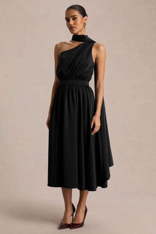 Caluna Black Satin Asymmetric Neck Midi Dress With Scarf Detail