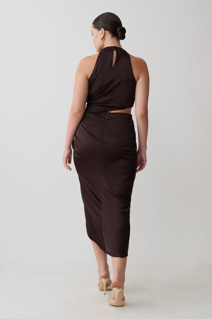 Aveline Draped Halter Midi Dress Dark Chocolate