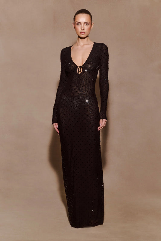 Acadia Diamante Long Sleeve Maxi Dress Black