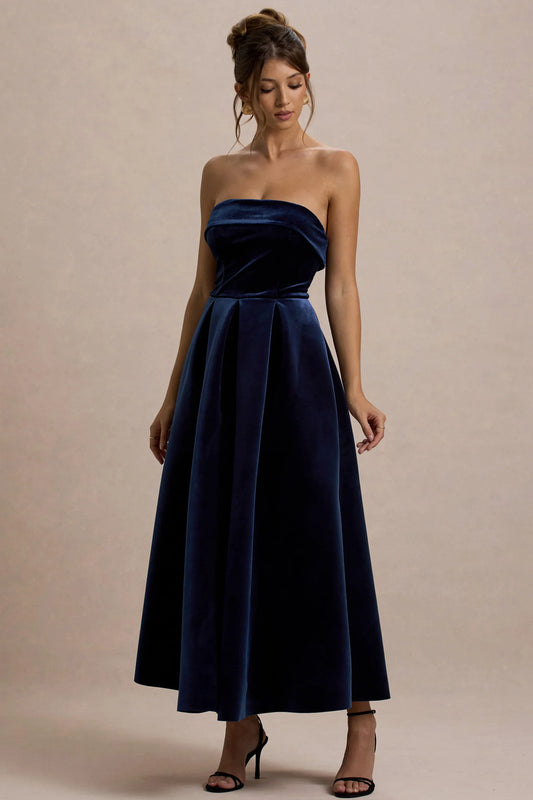 Addina Navy Velvet Bandeau Skater Midi Dress